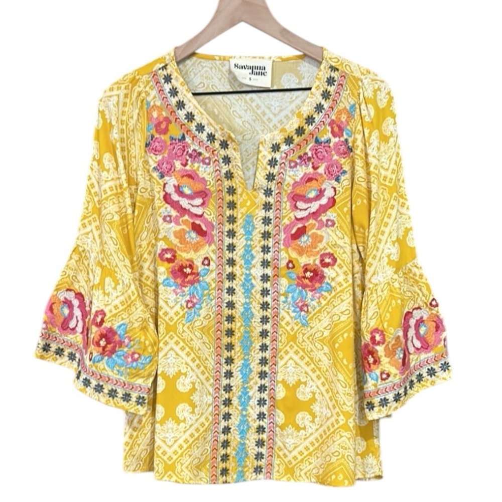 Savanna Jane Floral Embroidered Bell Sleeve Top Yellow Size Small - Picture 13 of 14